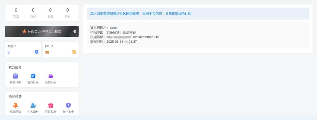 子比主题 – 用户中心增加我的投诉页面（三款） - 诺守博客